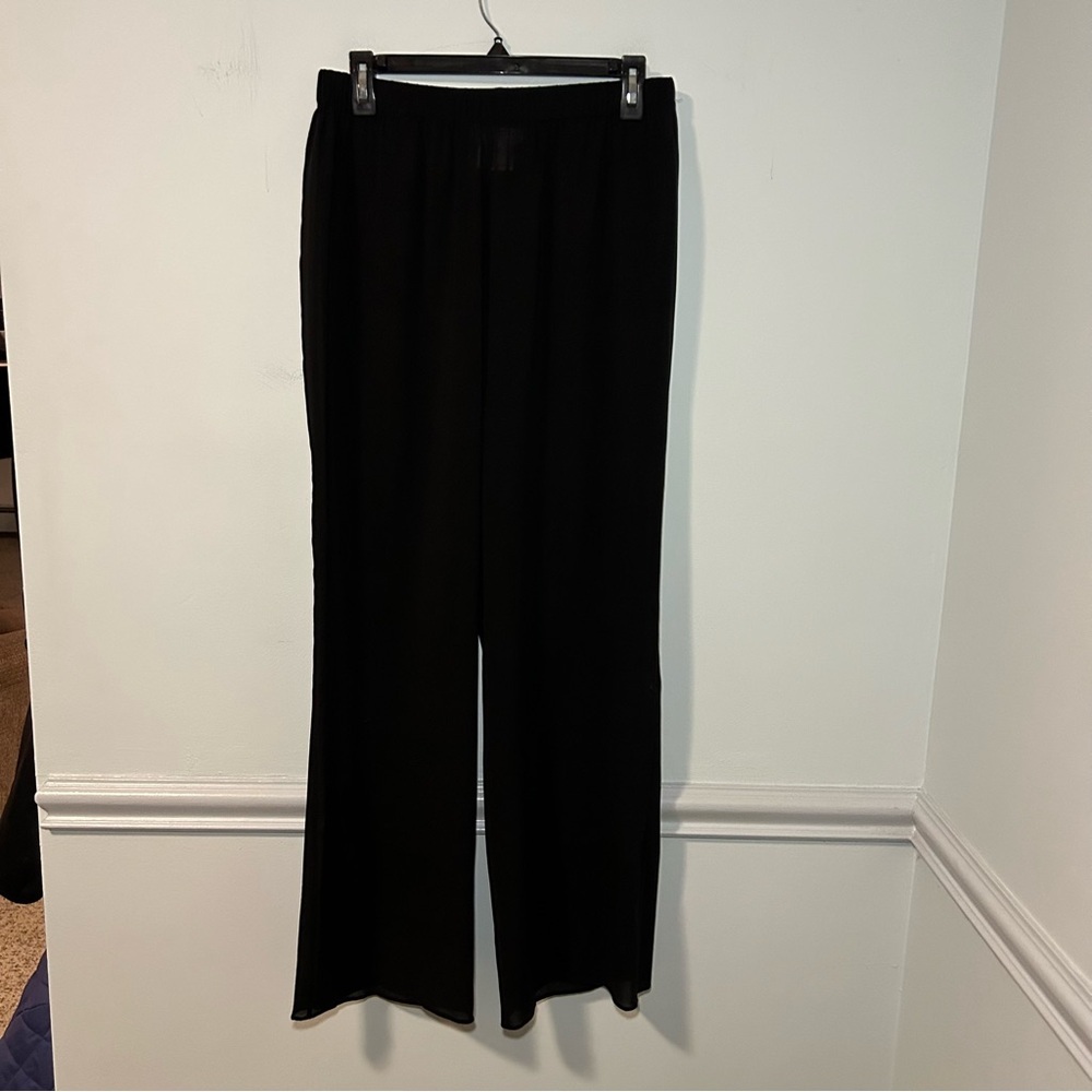 St. John Evening by Marie Gray Black 95% Silk Pull-On Wide Leg Shear Trousers 10